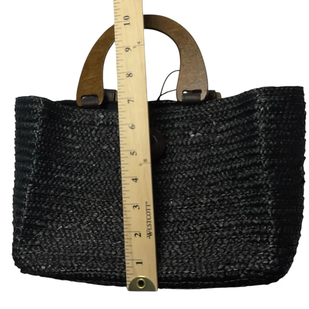 Caribbean Joe Black Wheat Straw Wood Handle Button Closure Purse Bag